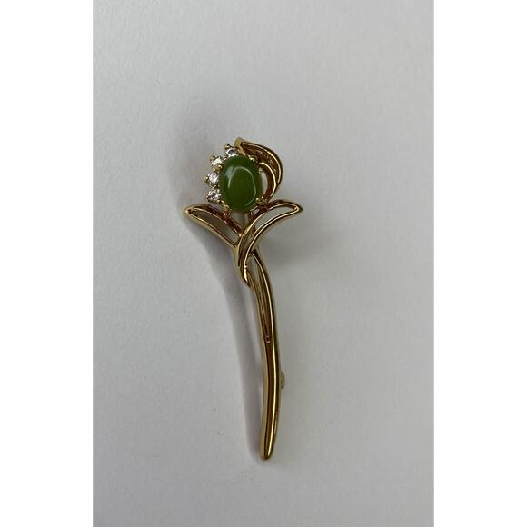 Vintage Gold Tone Pronged Jade Faux Diamonds Brooch Green Flower Pin - Picture 1 of 9